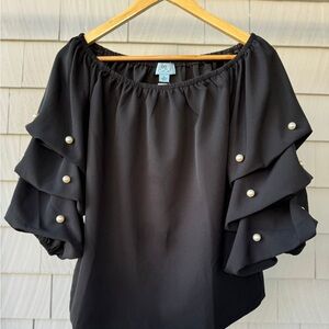 CeCe Forest Green Ruffled Blouse with Pearl Details